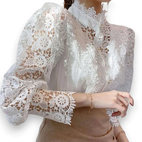 Victorian white lace button up blouse with frill collar gold pearl buttons and lantern sleeves