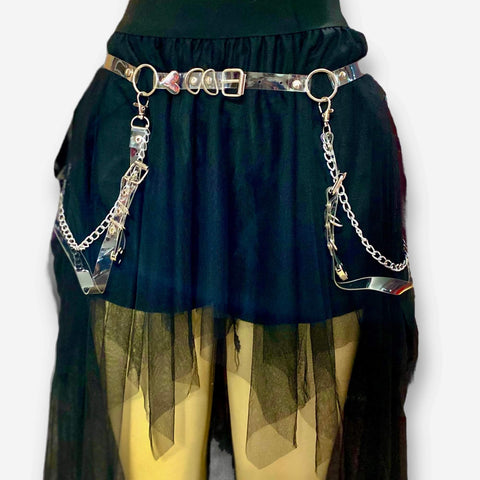 Clear vinyl silver chains suspenders harness belt with clip-on straps