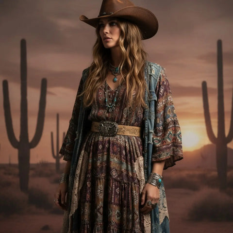 woman wearing Western Belt with Gold Silver Steer Buckle and tan floral faux leather strap / one size