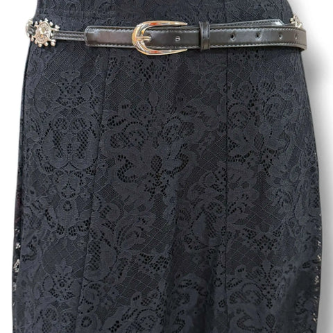 Western Black Leather Silver Sunburst Skinny Belt with silver sunburst concho links and faux leather strap detailed buckle design