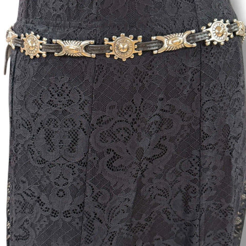 Western Black Leather Silver Sunburst Skinny Belt with silver sunburst concho links and faux leather strap detailed buckle design
