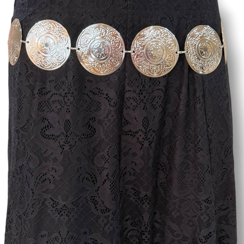 Western Boho Floral Medallion Concho Chain Belt in silver with oversized round engraved links and adjustable clasp