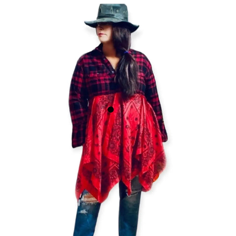 red black Western Flannel Long Duster shirt Jacket