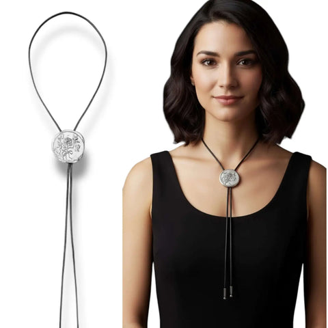 Western Floral Pendant Bolo Tie large silver floral necktie coastal cowgirl formal or casual jewelry adjustable necklace worn on woman
