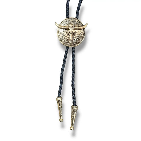 Western Gothic Longhorn Skull Bolo Tie Gold or Silver 