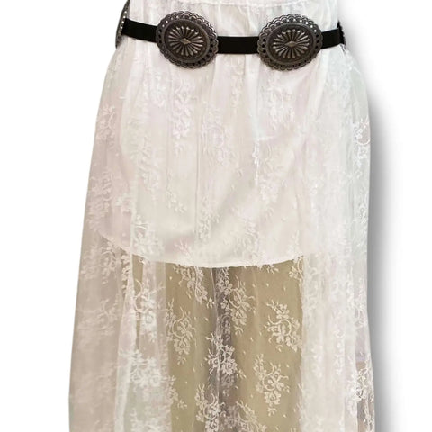 black Western Leather Silver Concho Buckle Belt on white floral skirt 