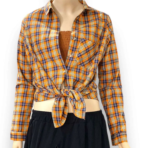 Western Orange Plaid Button Up Shirt women's year round boho western attire