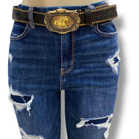 Western Oversized Gold Horse Buckle Belt black gold trim floral strap gold barb wire running horse buckle unisex style
