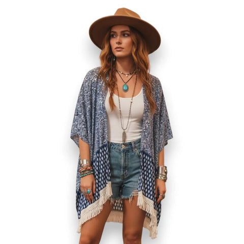 Western Print Lightweight Fringe Cardigan Cover blue floral lattice fringe one size fits most