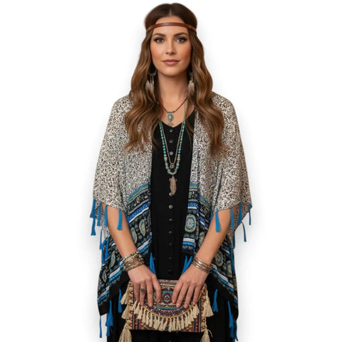 Western Print Lightweight Fringe Cardigan Cover blue floral medallion open front ons size fits most