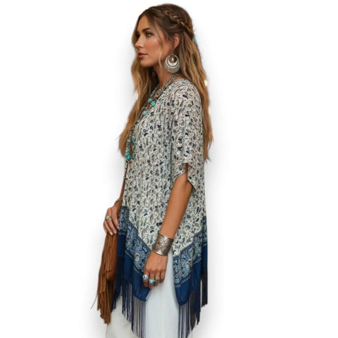 Western Print Lightweight Fringe Cardigan Cover blue floral medallion fringe one size fits most
