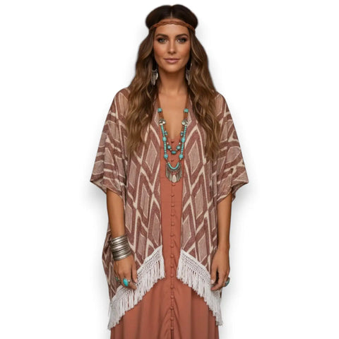 Western Print Lightweight Fringe Cardigan Cover brown diamond tribal fringe one size fits most
