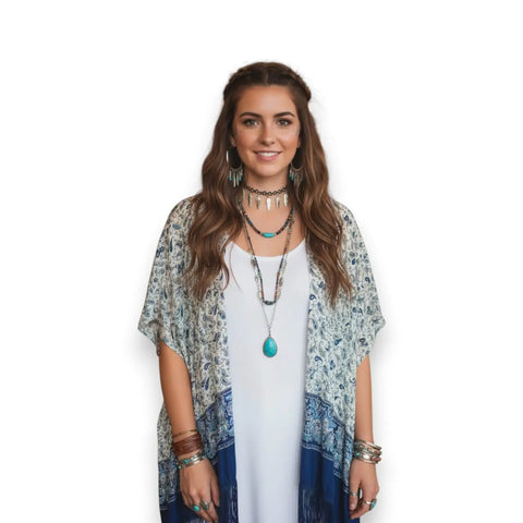 Western Print Lightweight Fringe Cardigan Cover blue floral boho fringe one size fits most