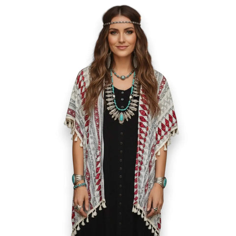 Western Print Lightweight Fringe Cardigan Cover open front with colorful diamond design one size fits most