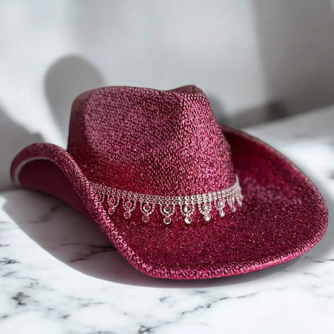 Rose red sparkle pinched crown and dazzling rhinestone band – Western Rhinestone Cowboy Hat