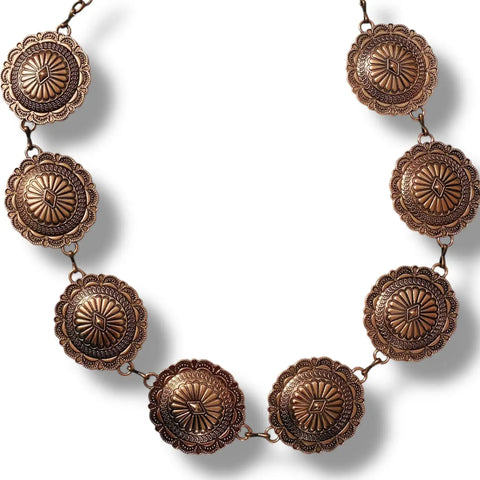 Western Round Floral Metal Chain Belt in rustic antique copper with raised concho medallions and adjustable clasp