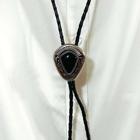 Western silver gem bolo tie with upside-down teardrop faux turquoise or black onyx slider, tribal engraved antique silver slide, genuine leather braided cord and silver tips