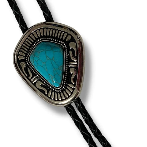 Western silver gem bolo tie with upside-down teardrop faux turquoise or black onyx slider, tribal engraved antique silver slide, genuine leather braided cord and silver tips