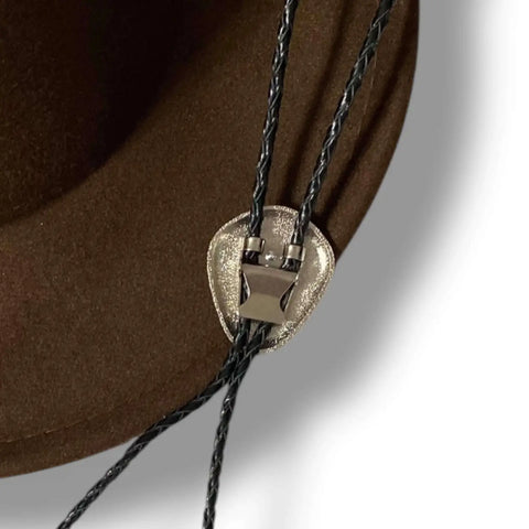 Western silver gem bolo tie with upside-down teardrop faux turquoise or black onyx slider, tribal engraved antique silver slide, genuine leather braided cord and silver tips
