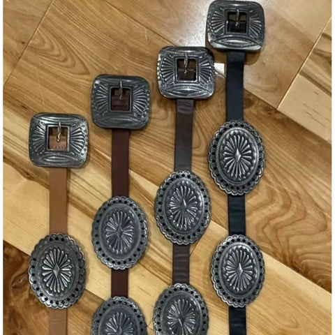 Western Silver Oval Floral Links Belt tan, cognac, dark brown, and black strap silver metal concho belt