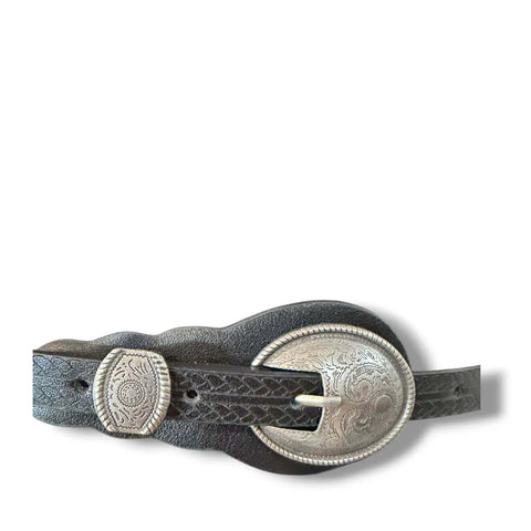 Western Skinny Textured Waist Belt embossed pattern and ornate silver buckle in black and brown faux leather