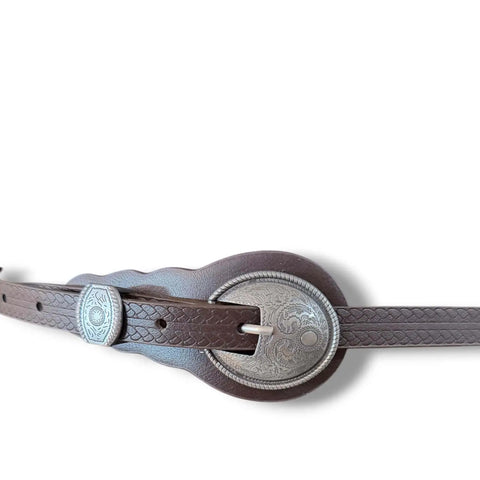 Western Skinny Textured Waist Belt embossed pattern and ornate silver buckle in black and brown faux leather