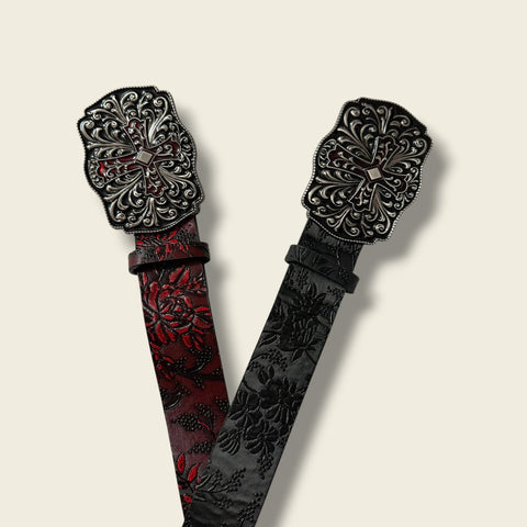 Gothic Western Textured Cross Buckle Belt with  black or red glossy floral strap and ornate silver engraved cross buckle