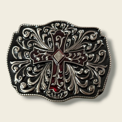 Western Textured Cross Buckle Belt in black and red with glossy floral strap and ornate silver-tone cross buckle