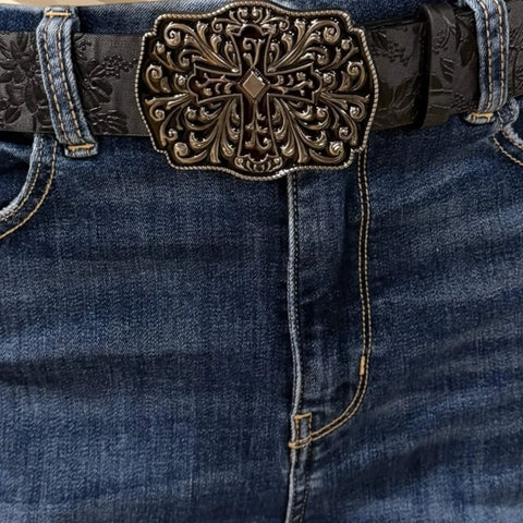 Western Goth Black Floral Cross Buckle Waist Belt in red and black – faux leather statement belt for cowgirl, punk, and gothic outfits