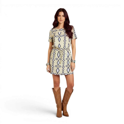 Western Tribal Shift Mini Dress with Gold Tassel Belt tan with blue/white aztec print, keyhole neckline, detachable braided chain belt, lined shift model front w/ boots
