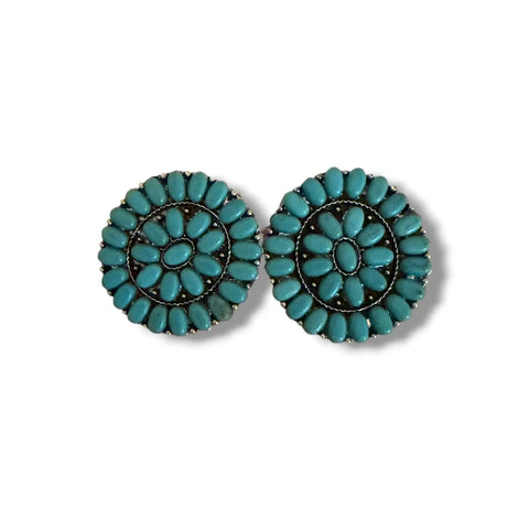 Western Turquoise Cluster Earrings silver boho western round flat lay white background stud/post 