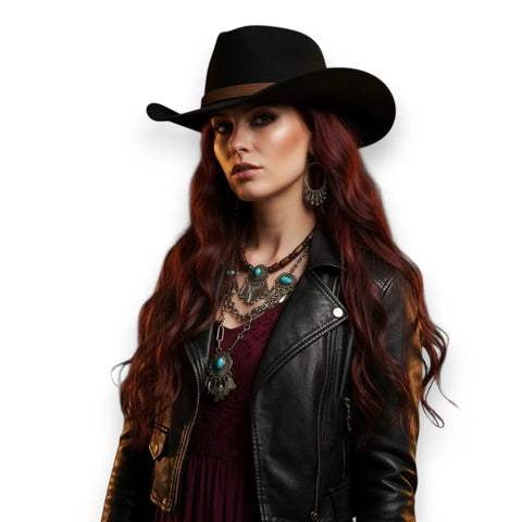 Black Western wide brim faux suede cowboy hat with tall pinched crown and removable leather fringe hatband