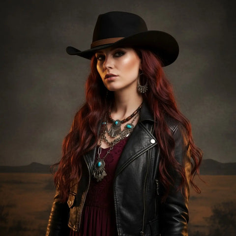 Black Western wide brim faux suede cowboy hat with tall pinched crown and removable leather fringe hatband