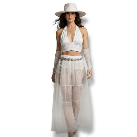 Elegant Long Lace Arm Cover Gloves fingerless with diamond floral texture and ruffle ribbon trim white, 15" length, one size