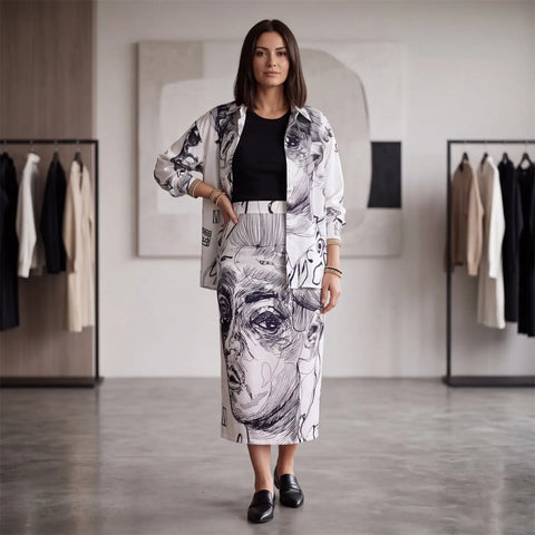 Black and white abstract portrait graphic shirt blazer with button front, collar and long sleeves / front
