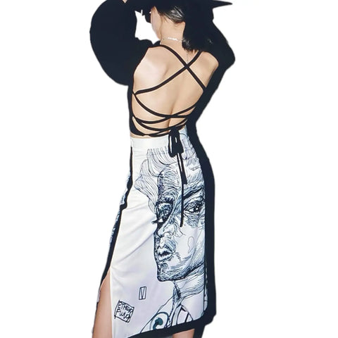 White and black midi pencil skirt with side slit, high waist, and Egon Schiele-inspired self reflection print — art-inspired fashion for bold styling.