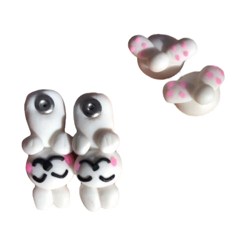 White Bunny Rabbit Pink Cheeks, Paws, Clay  Cartoon Cute Anime Post Earrings -OS - Wild Time Fashion