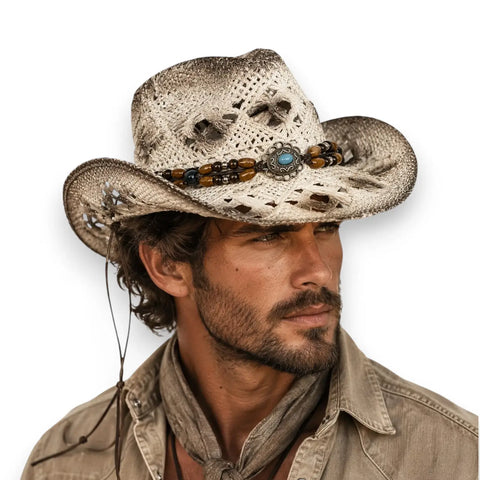 Man wearing White Burnt Western Straw Cowboy Hat with turquoise beaded hat band, lace tie, open weave, and burnt brown accents