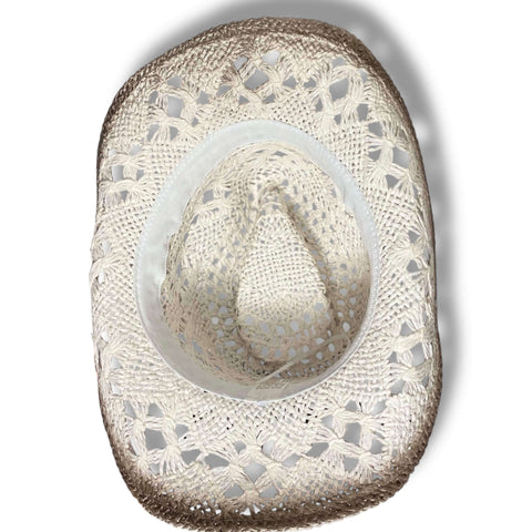 White Burnt Western Straw Cowboy Hat with turquoise beaded hat band, lace tie, open weave, and burnt brown accents