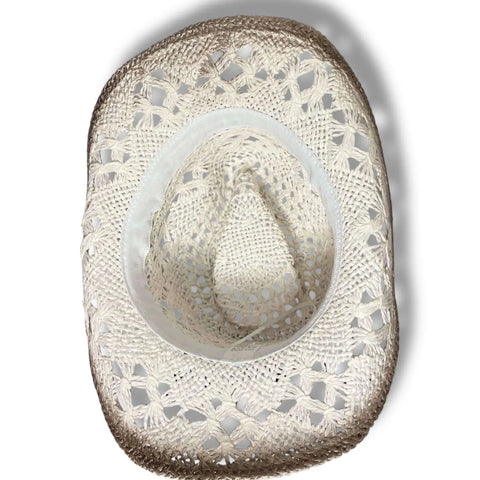 White Burnt Western Straw Cowboy Hat with turquoise beaded hat band, lace tie, open weave, and burnt brown accents