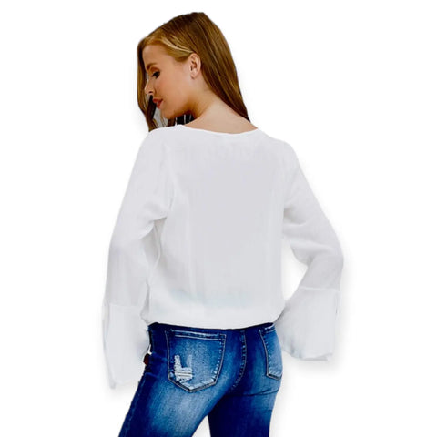 White Crepe Envelope Bell Sleeve Blouse