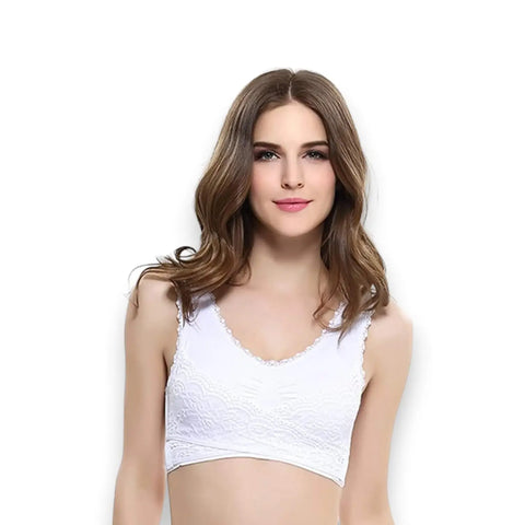 woman wearing front view White sports bra push up lift with front hook closure, padded B cups, and lace trim