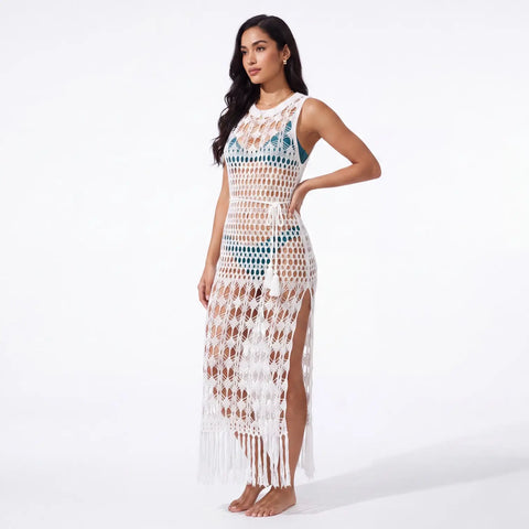 Woman's White Crochet Fringe Maxi Cover Up Dress with open knit and tasseled waist sash Large