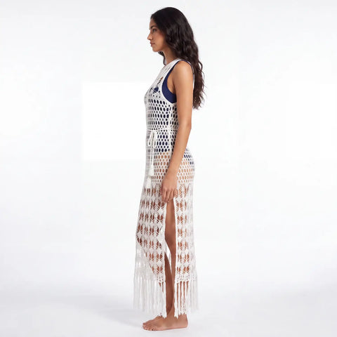 Woman's White Crochet Fringe Maxi Cover Up Dress with open knit and tasseled waist sash Large