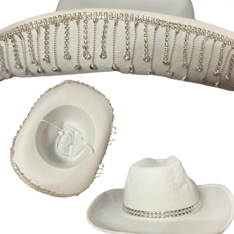 white diamond tassel cowboy hat with silver studded band, chin strap multi views