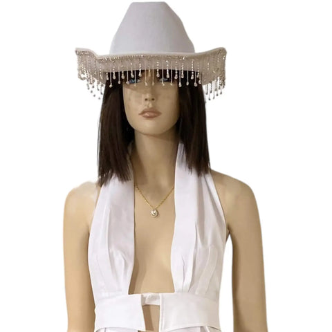 white rhinestone fringe cowboy hat with curved wide brim front view