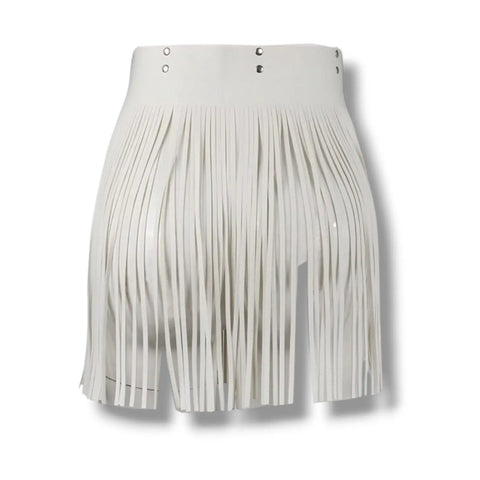 White faux leather skirt fringe belt with dual buckles, studded accents, and long tassel fringe