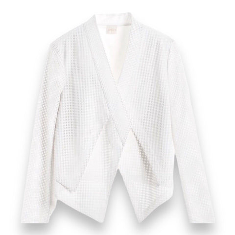 White Faux Leather Perforated Jacket with crisscross open front, collarless neckline, and long textured sleeves flat view