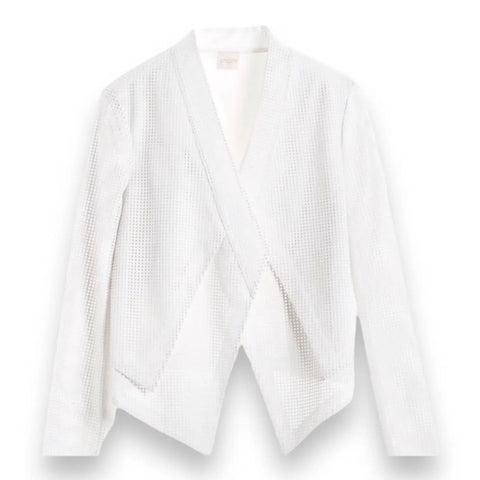 White Faux Leather Perforated Jacket with crisscross open front, collarless neckline, and long textured sleeves flat view