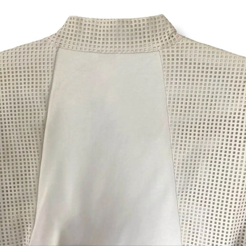 White Faux Leather Perforated Jacket with crisscross open front, collarless neckline, and long textured sleeves back panel neckline 